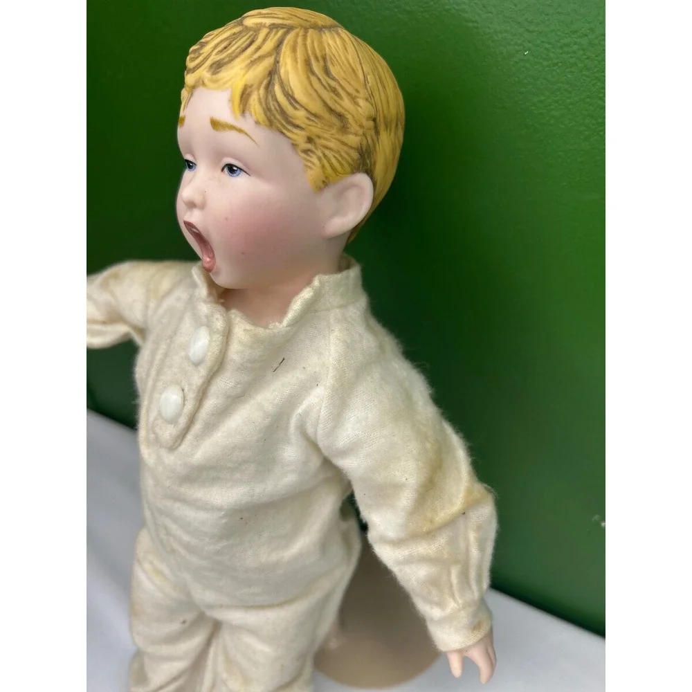 Vintage Porcelain Boy Doll Singing Yawning Open Mouth Cream Sleeper with Stand